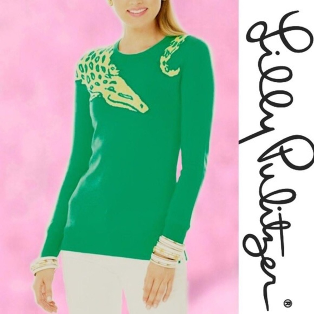 Lilly Pulitzer green alligator sweater with gold buttons